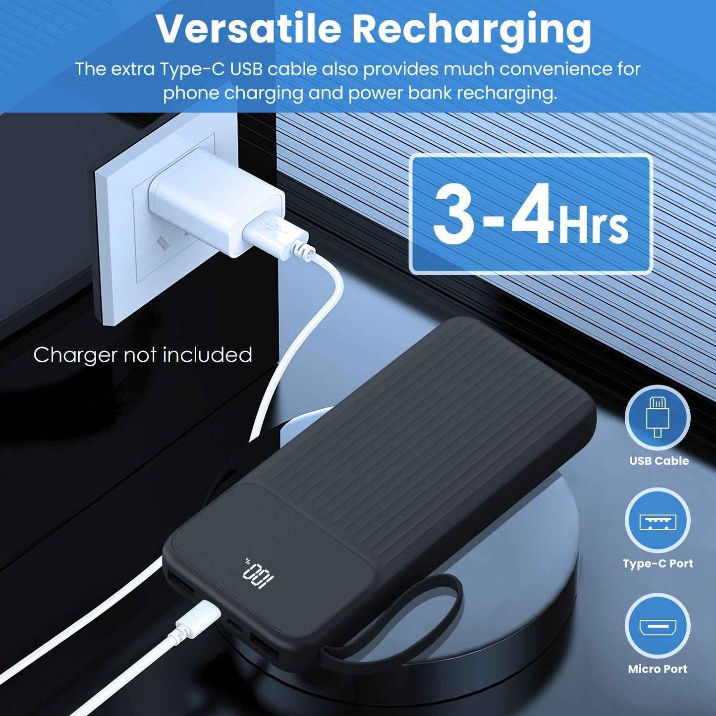 1Pc PD22W Fast Charger 20000mAh Fast Charging Power Bank Portable Charger With 4 Inbuilt Cables Digital Display Handle Fit For IOSPhone 15 14 Android And More
