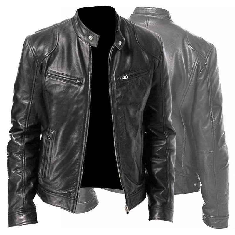 Men's Zip-up Cardigan PU Leather Jacket Fashion Pockets Stand Collar Short Tops Clothing