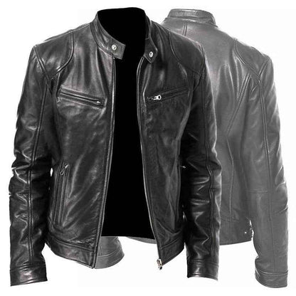 Men's Zip-up Cardigan PU Leather Jacket Fashion Pockets Stand Collar Short Tops Clothing