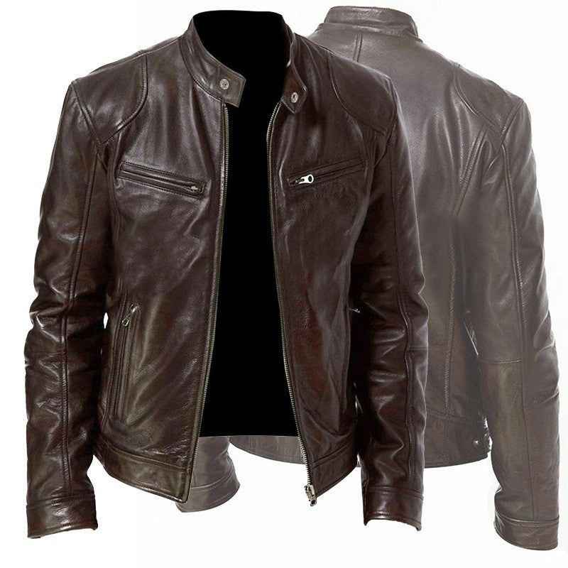 Men's Zip-up Cardigan PU Leather Jacket Fashion Pockets Stand Collar Short Tops Clothing
