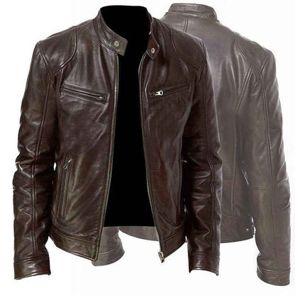 Men's Zip-up Cardigan PU Leather Jacket Fashion Pockets Stand Collar Short Tops Clothing