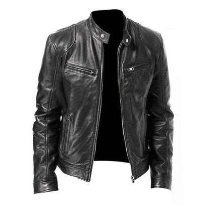 Men's Zip-up Cardigan PU Leather Jacket Fashion Pockets Stand Collar Short Tops Clothing