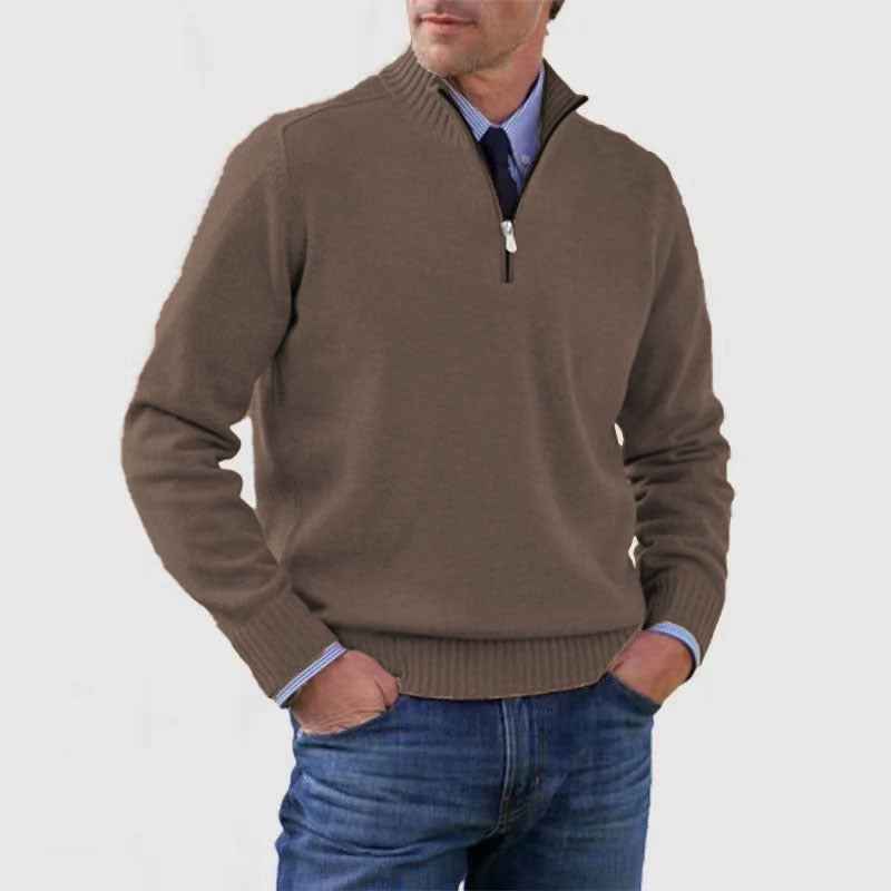 Men's Stand Collar Zipper Sweater Winter Fashion Solid Color Long Sleeve Knitted Top Clothing