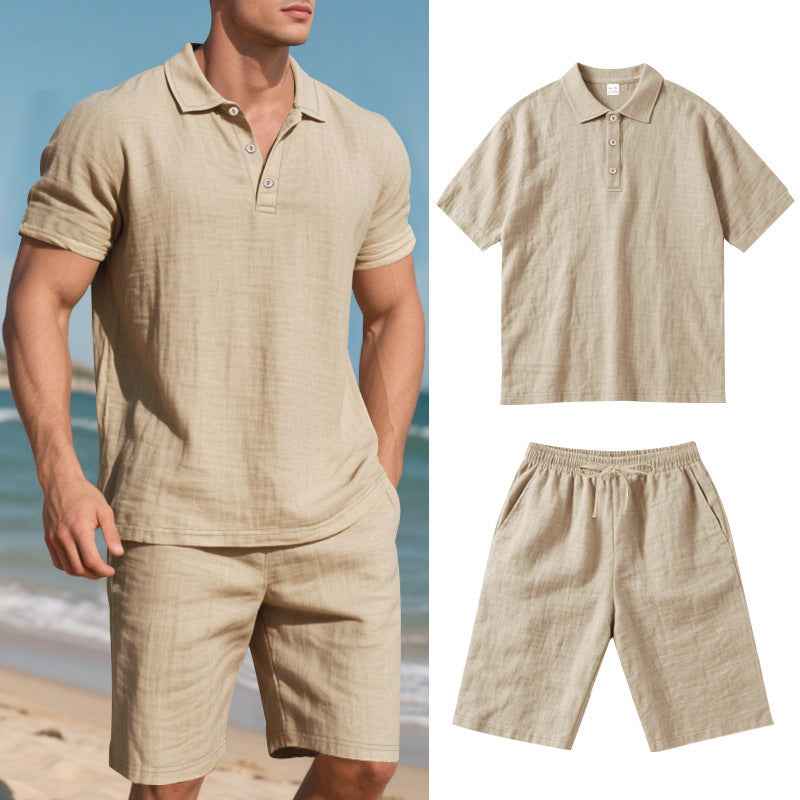 Summer Men's Loose Casual Linen Breathable Short Beach Sleeve Shorts Suit