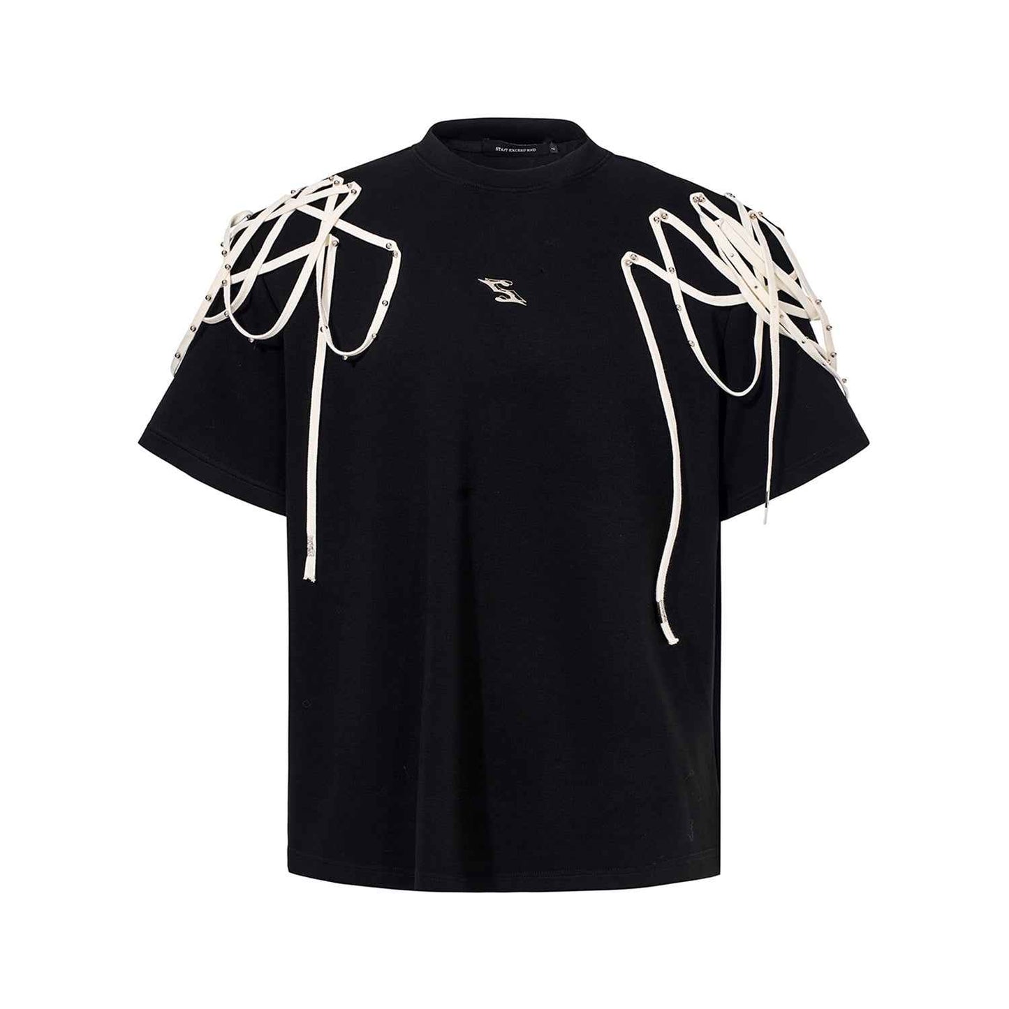 Rivet Ribbon Padded Shoulder Short-sleeved T-shirt