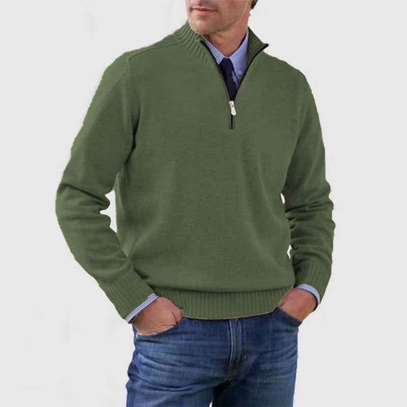 Men's Stand Collar Zipper Sweater Winter Fashion Solid Color Long Sleeve Knitted Top Clothing