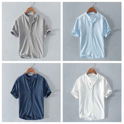 Men's Stand Collar Japanese Ice Silk Linen Short Sleeve T-shirt