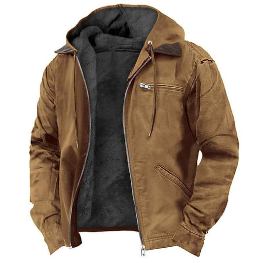 Winter Hooded Coat With Pockets Fashion Warm Fleece Zip-up Jacket Casual Outwear Men's Clothing