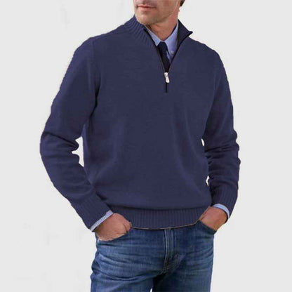 Men's Stand Collar Zipper Sweater Winter Fashion Solid Color Long Sleeve Knitted Top Clothing