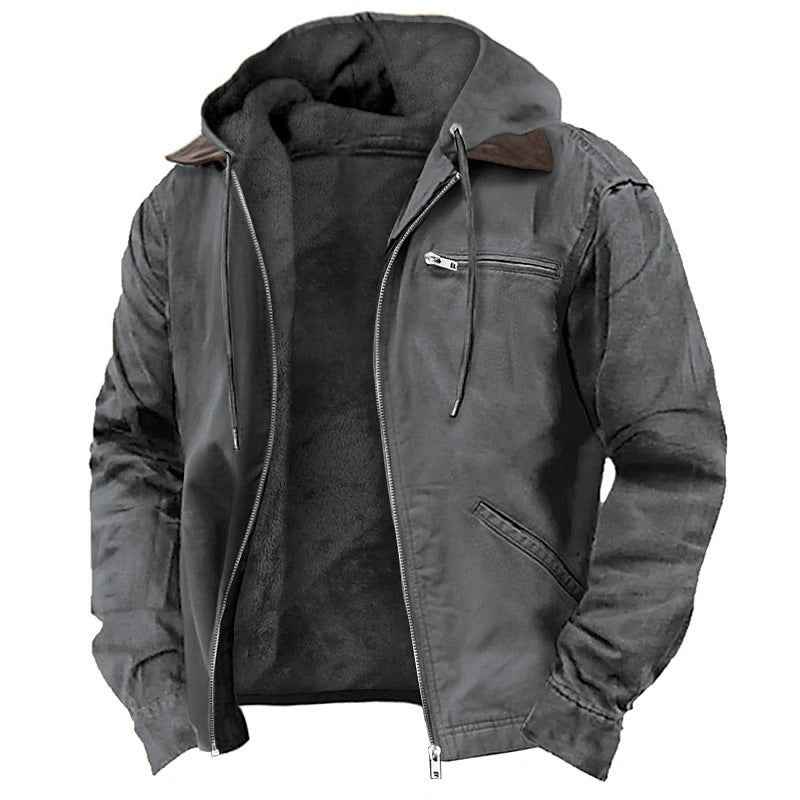 Winter Hooded Coat With Pockets Fashion Warm Fleece Zip-up Jacket Casual Outwear Men's Clothing