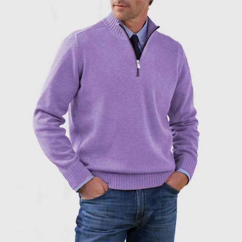 Men's Stand Collar Zipper Sweater Winter Fashion Solid Color Long Sleeve Knitted Top Clothing