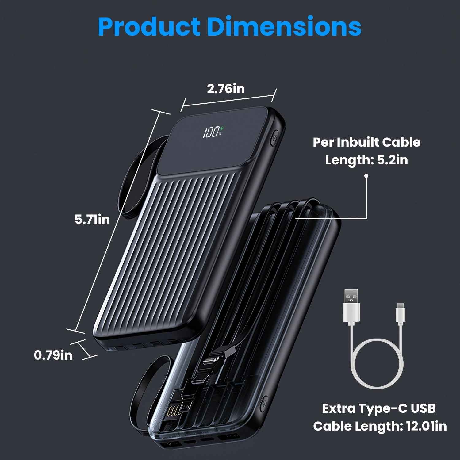 1Pc PD22W Fast Charger 20000mAh Fast Charging Power Bank Portable Charger With 4 Inbuilt Cables Digital Display Handle Fit For IOSPhone 15 14 Android And More