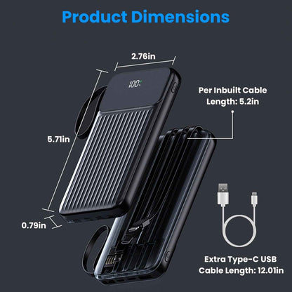 1Pc PD22W Fast Charger 20000mAh Fast Charging Power Bank Portable Charger With 4 Inbuilt Cables Digital Display Handle Fit For IOSPhone 15 14 Android And More