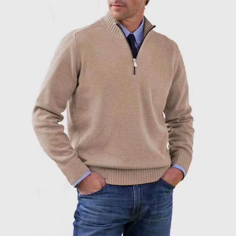 Men's Stand Collar Zipper Sweater Winter Fashion Solid Color Long Sleeve Knitted Top Clothing