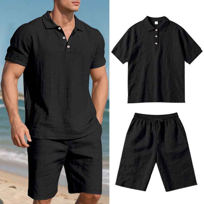 Summer Men's Loose Casual Linen Breathable Short Beach Sleeve Shorts Suit