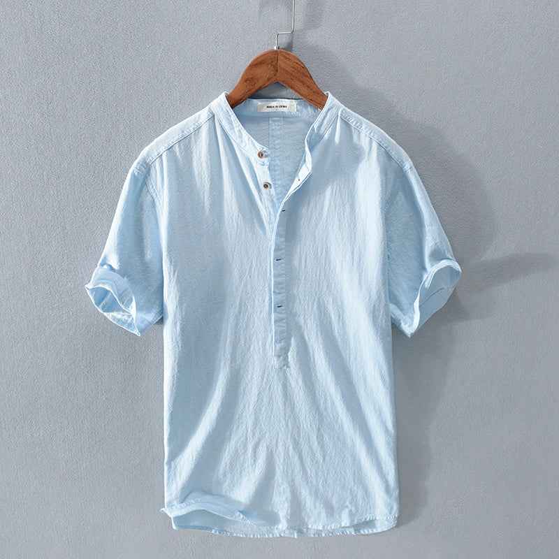 Men's Stand Collar Japanese Ice Silk Linen Short Sleeve T-shirt