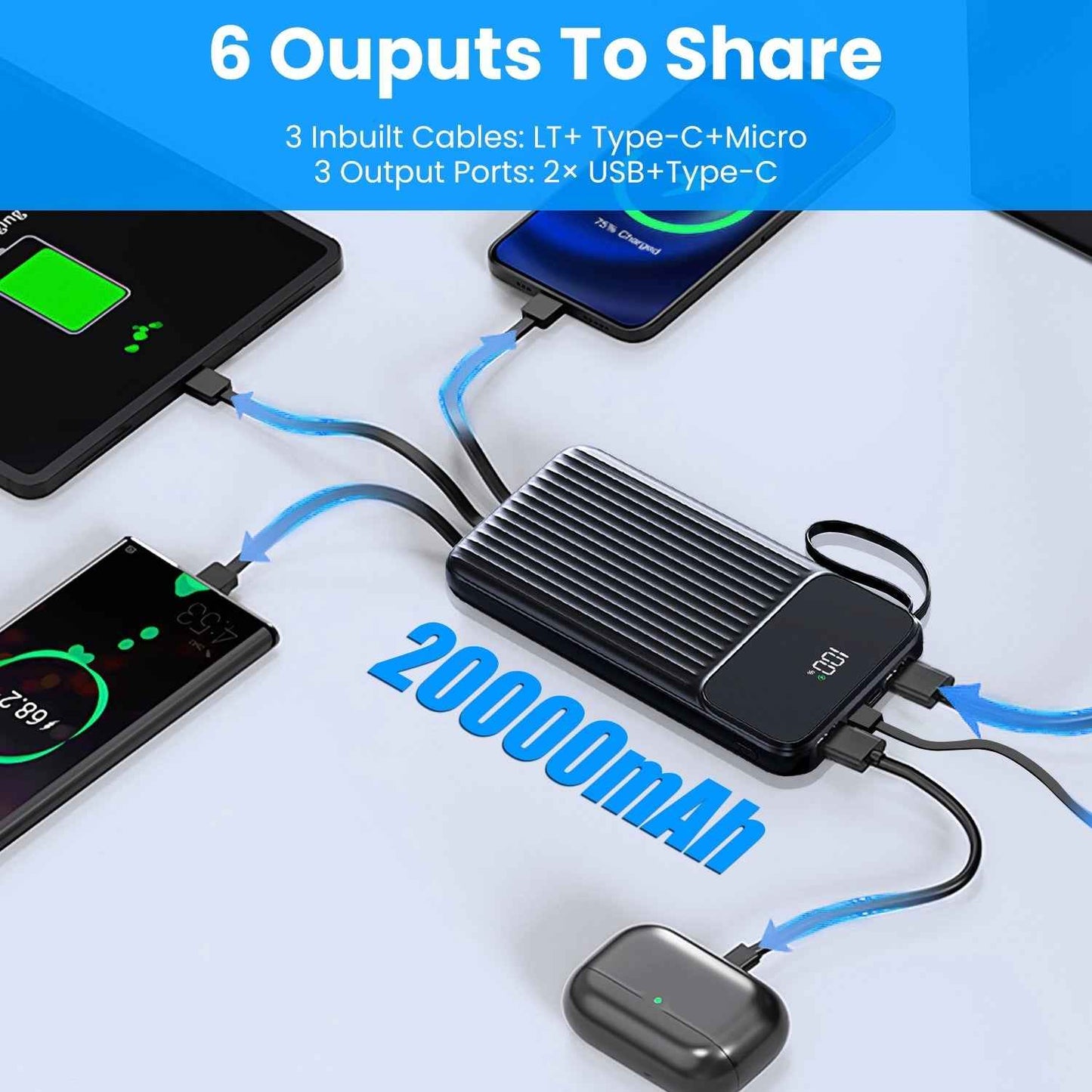1Pc PD22W Fast Charger 20000mAh Fast Charging Power Bank Portable Charger With 4 Inbuilt Cables Digital Display Handle Fit For IOSPhone 15 14 Android And More