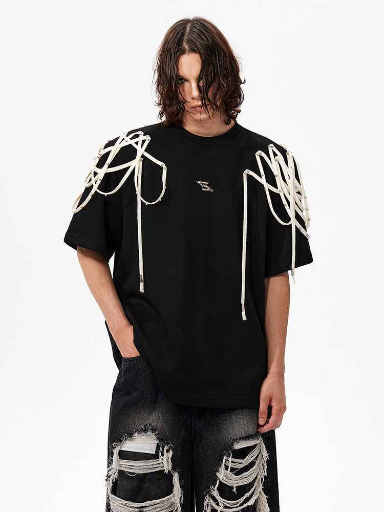 Rivet Ribbon Padded Shoulder Short-sleeved T-shirt