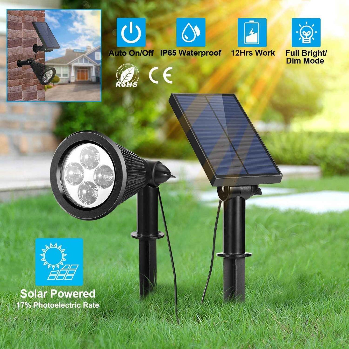 1Pc Solar Powered Spotlight Outdoor Dusk To Dawn Light IP65 Waterproof For Wall Path Lawn Garden Lamp Waterproof