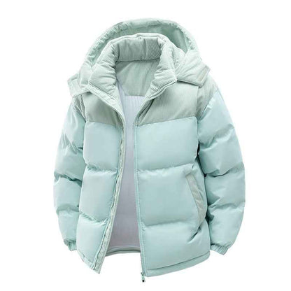 Detachable Hat Cotton-padded Coat For Couple Color Contrast Patchwork Thickened